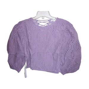 Haute Monde Lilac Eyelet Lace Up Back Puff Sleeve Blouse Women's Top‎ M